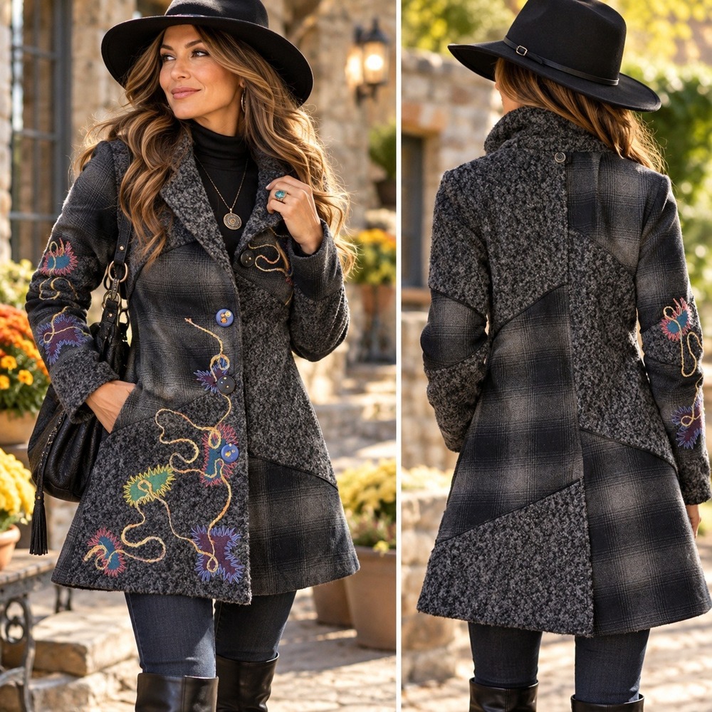 Kessley Womens Patchwork Wool Blend Coat Grey Plaid Boucle Embroidered Small